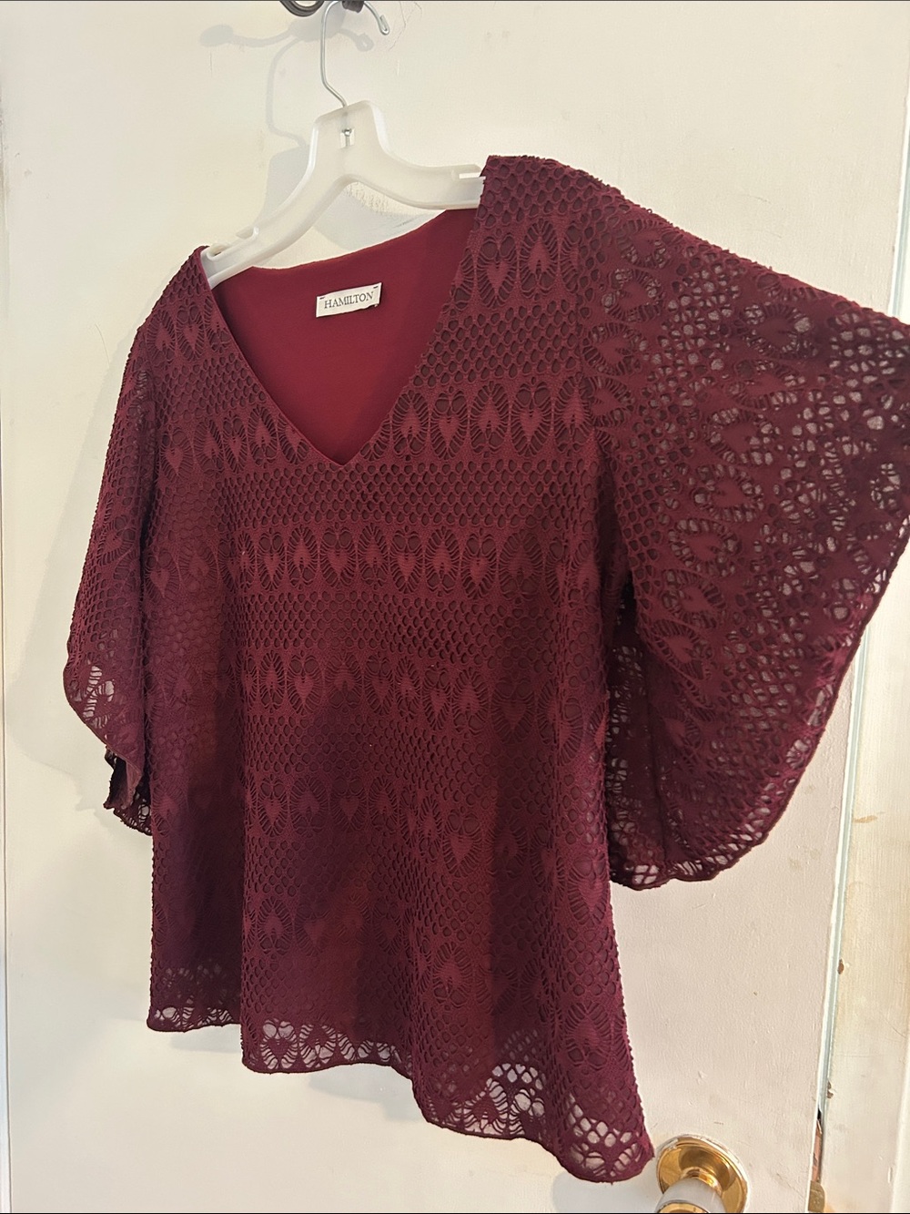 Hamilton Women’s Crochet V-Neck Blouse in Wine